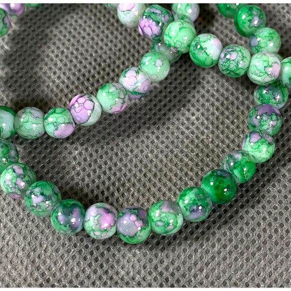Glass Beads Bracelets Set of 3 Pink Green Marbled Pattern Stretch - Picture 4 of 6